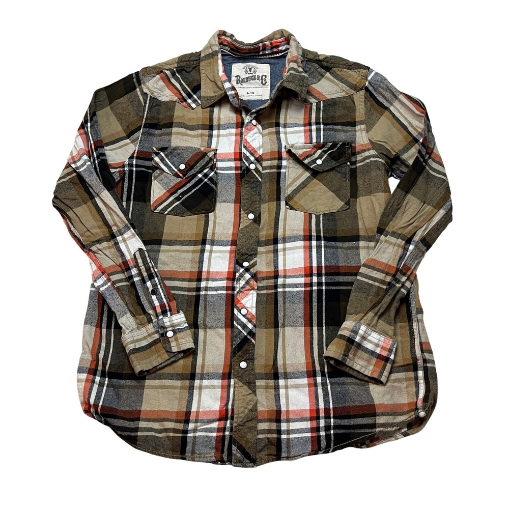 Roebuck & Co Shirt Mens L Brown Plaid Pearl‎ Snap Western Flannel Long Sleeve